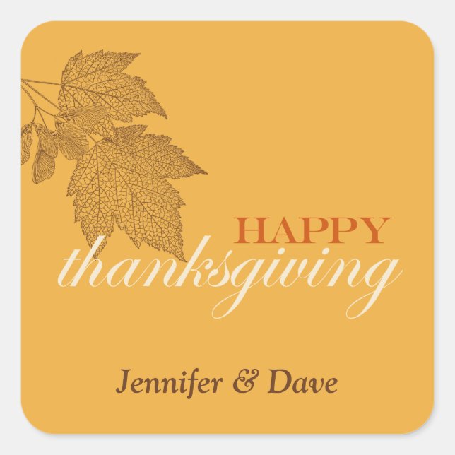 Brown fall leaves happy Thanksgiving golden yellow Square Sticker (Front)