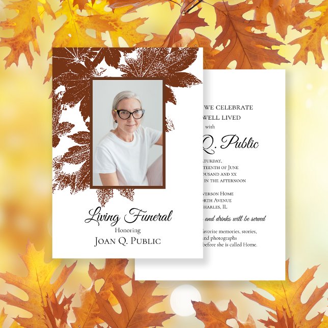 Brown Fall Leaves Living Funeral Party Invitation (Creator Uploaded)