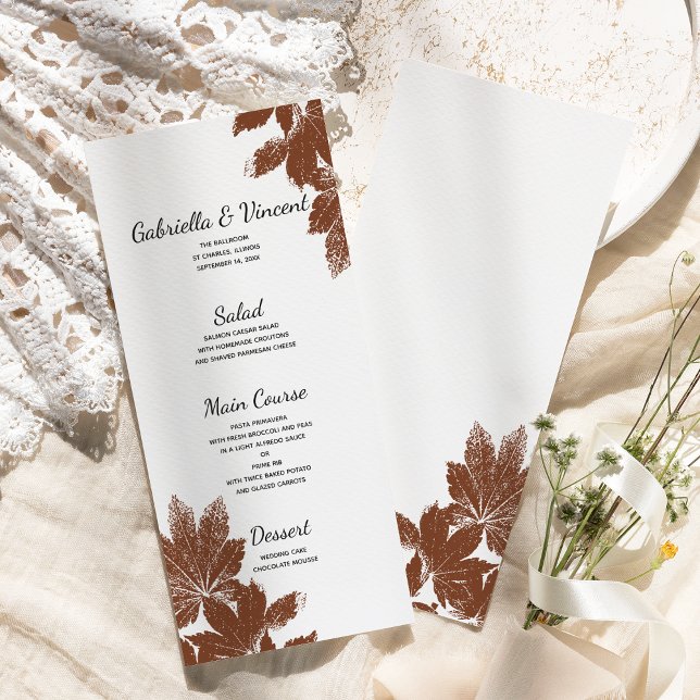 Brown Fall Maple Leaf Stamp Wedding Menu (Fall in Love with this natural woodsy Autumn leaves menu.)