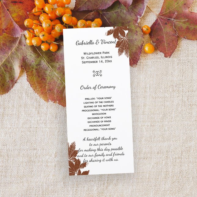 Brown Fall Maple Leaf Stamp Wedding Program (Fall in Love with this natural woodsy Autumn leaves marriage ceremony program.)