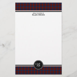 Brown Family Tartan Red and Blue Plaid Monogram Stationery