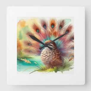 Brown Fan Bird 180724AREF108 - Watercolor Square Wall Clock