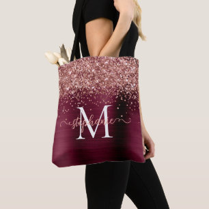 Brown Faux-Glitter Girly Glam Burgundy Personalise Tote Bag