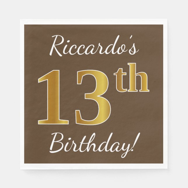 Brown, Faux Gold 13th Birthday + Custom Name Napkin (Front)