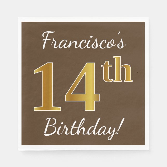 Brown, Faux Gold 14th Birthday + Custom Name Napkin (Front)