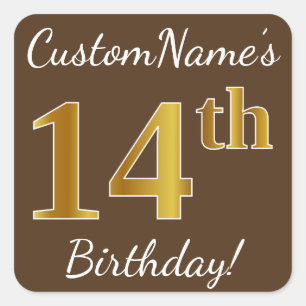Brown, Faux Gold 14th Birthday + Custom Name Square Sticker
