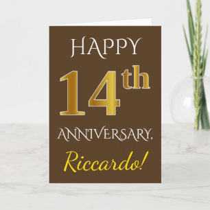 Brown, Faux Gold 14th Wedding Anniversary + Name Card