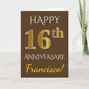 Brown, Faux Gold 16th Wedding Anniversary + Name Card