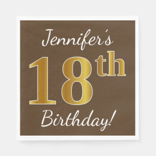 Brown, Faux Gold 18th Birthday + Custom Name Napkin