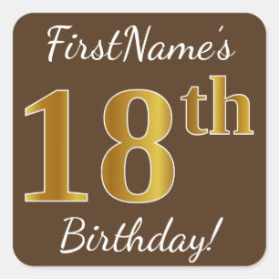 Brown, Faux Gold 18th Birthday + Custom Name Square Sticker
