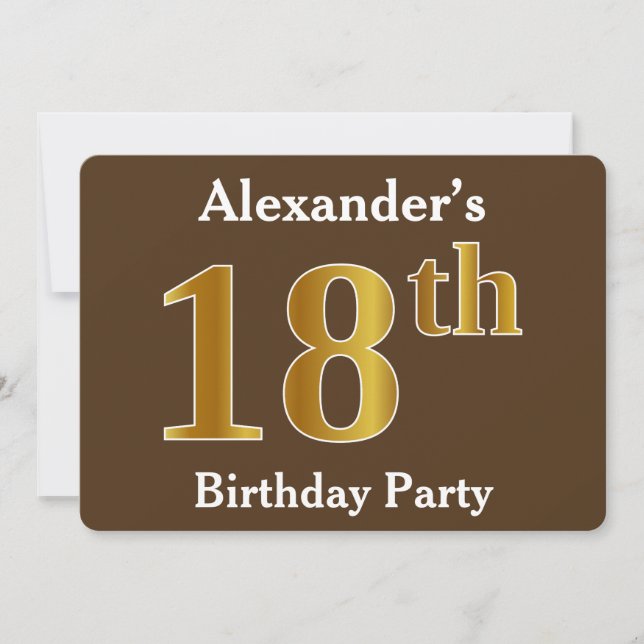 Brown, Faux Gold 18th Birthday Party; Custom Name Invitation (Front)