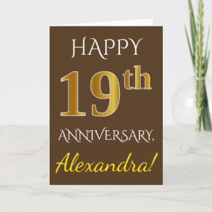 Brown, Faux Gold 19th Wedding Anniversary + Name Card