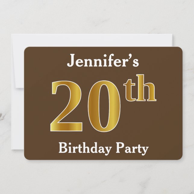 Brown, Faux Gold 20th Birthday Party; Custom Name Invitation (Front)