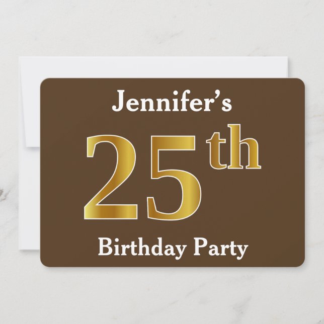 Brown, Faux Gold 25th Birthday Party; Custom Name Invitation (Front)