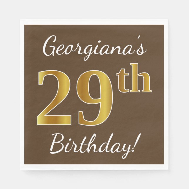 Brown, Faux Gold 29th Birthday + Custom Name Napkin (Front)