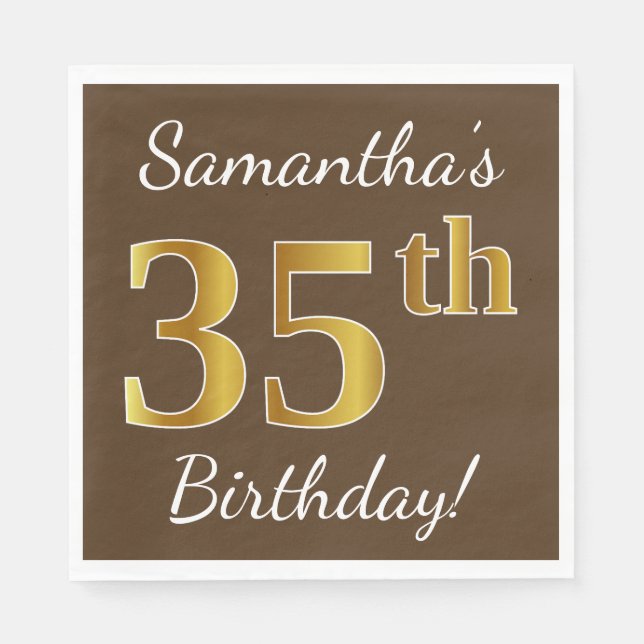 Brown, Faux Gold 35th Birthday + Custom Name Napkin (Front)