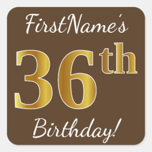Brown, Faux Gold 36th Birthday + Custom Name Square Sticker