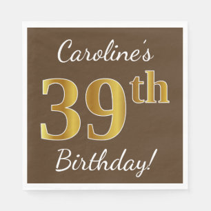 Brown, Faux Gold 39th Birthday + Custom Name Napkin