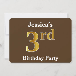 Brown, Faux Gold 3rd Birthday Party; Custom Name Invitation