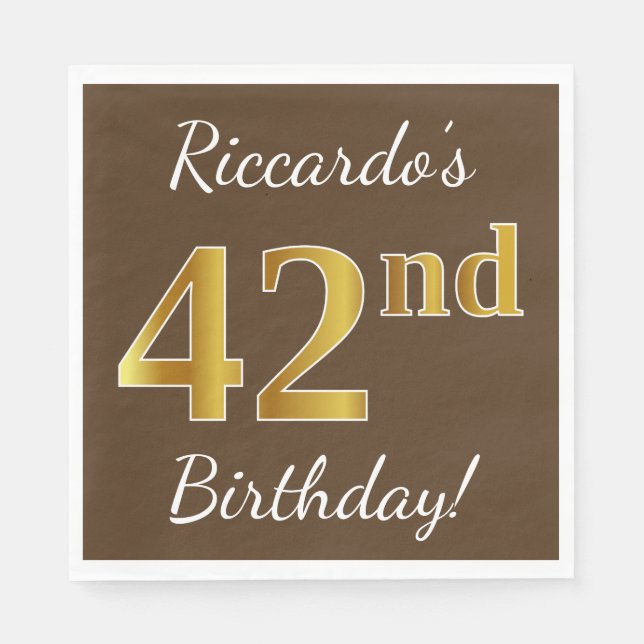 Brown, Faux Gold 42nd Birthday + Custom Name Napkin (Front)