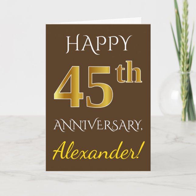 Brown, Faux Gold 45th Wedding Anniversary + Name Card (Front)