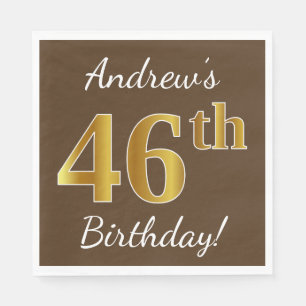 Brown, Faux Gold 46th Birthday + Custom Name Napkin