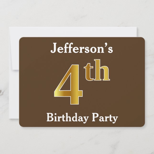 Brown, Faux Gold 4th Birthday Party; Custom Name Invitation (Front)