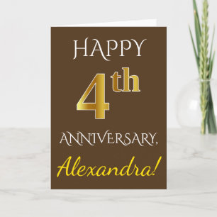 Brown, Faux Gold 4th Wedding Anniversary + Name Card