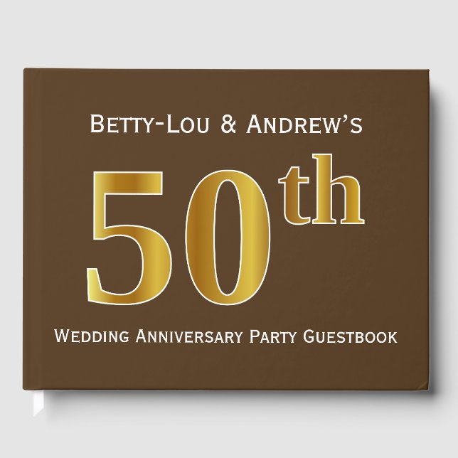 Brown, Faux Gold 50th Wedding Anniversary Party Guest Book (Front)