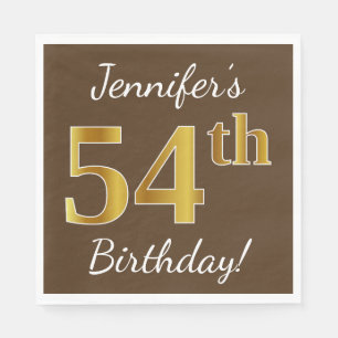 Brown, Faux Gold 54th Birthday + Custom Name Napkin