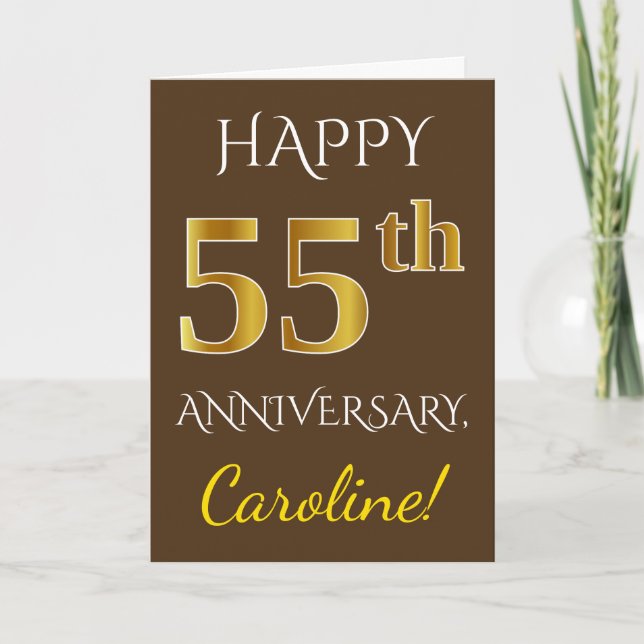 Brown, Faux Gold 55th Wedding Anniversary + Name Card (Front)