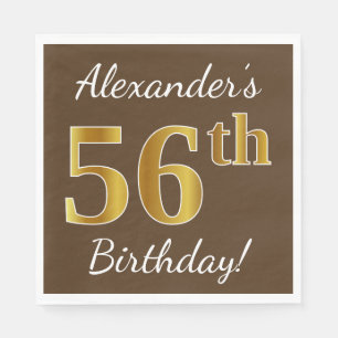 Brown, Faux Gold 56th Birthday + Custom Name Napkin