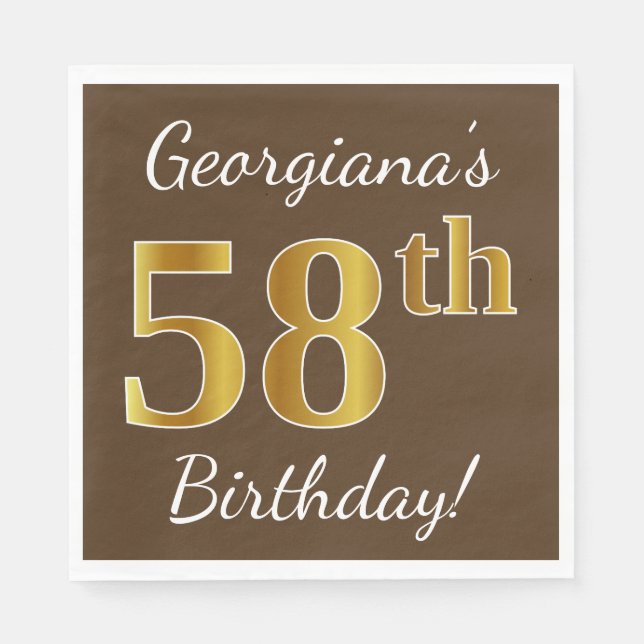 Brown, Faux Gold 58th Birthday + Custom Name Napkin (Front)