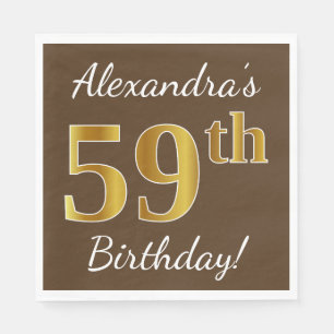 Brown, Faux Gold 59th Birthday + Custom Name Napkin
