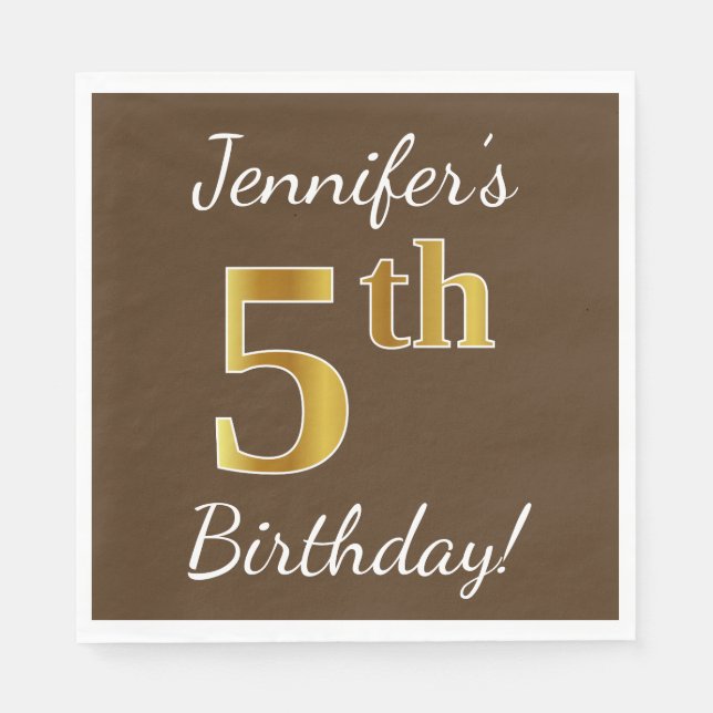 Brown, Faux Gold 5th Birthday + Custom Name Napkin (Front)