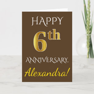 Brown, Faux Gold 6th Wedding Anniversary + Name Card