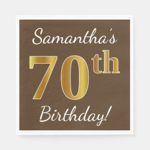 Brown, Faux Gold 70th Birthday + Custom Name Napkin