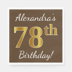 Brown, Faux Gold 78th Birthday + Custom Name Napkin