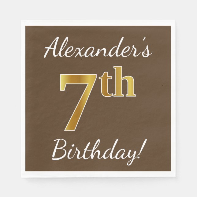 Brown, Faux Gold 7th Birthday + Custom Name Napkin (Front)