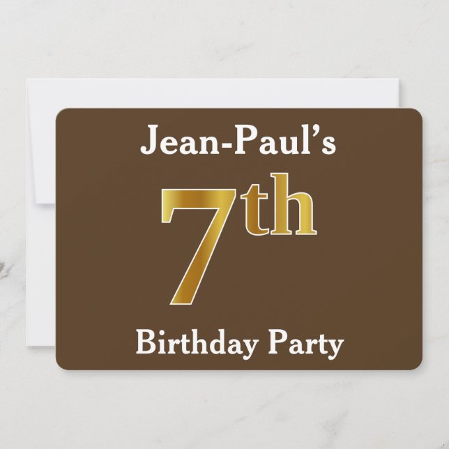Brown, Faux Gold 7th Birthday Party; Custom Name Invitation (Front)