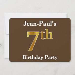 Brown, Faux Gold 7th Birthday Party; Custom Name Invitation