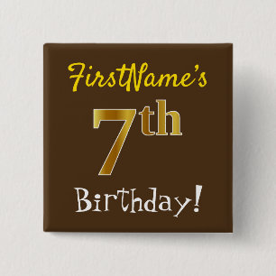 Brown, Faux Gold 7th Birthday, With Custom Name 15 Cm Square Badge