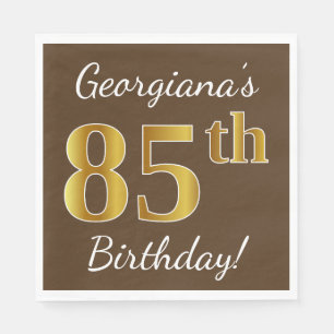 Brown, Faux Gold 85th Birthday + Custom Name Napkin