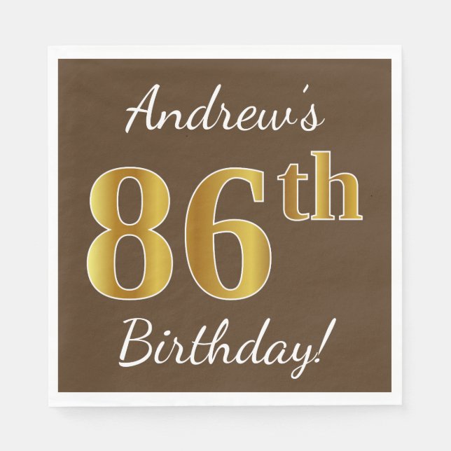 Brown, Faux Gold 86th Birthday + Custom Name Napkin (Front)