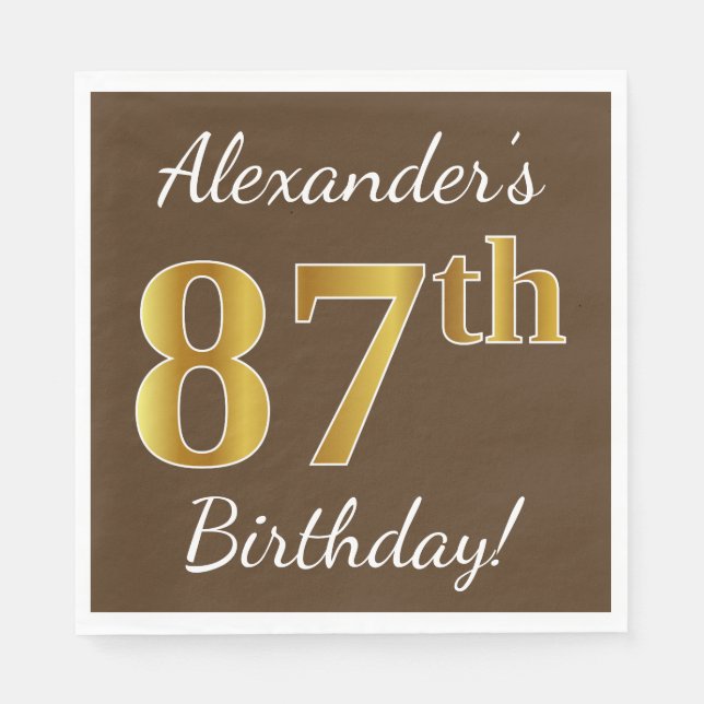 Brown, Faux Gold 87th Birthday + Custom Name Napkin (Front)