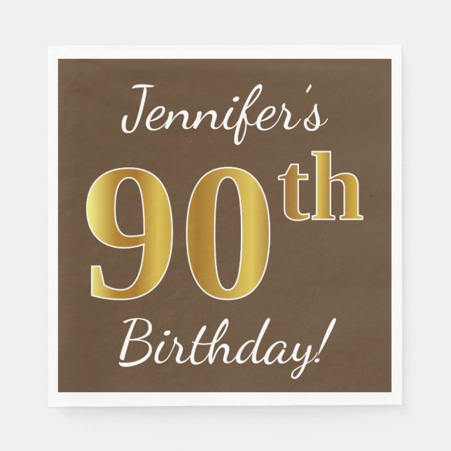 Brown, Faux Gold 90th Birthday + Custom Name Napkin (Front)