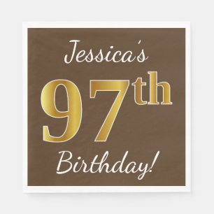 Brown, Faux Gold 97th Birthday + Custom Name Napkin