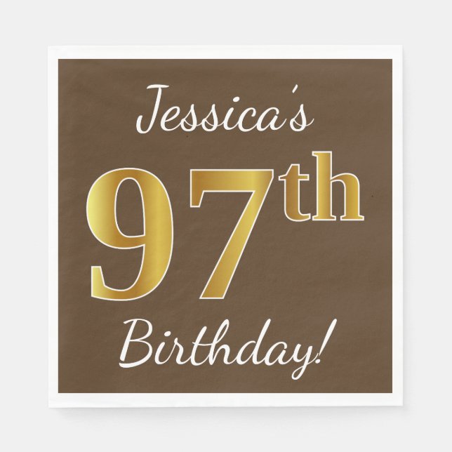 Brown, Faux Gold 97th Birthday + Custom Name Napkin (Front)