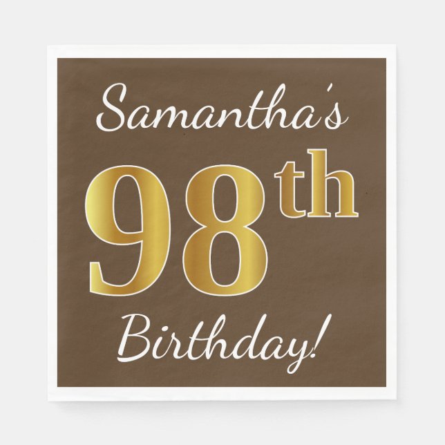 Brown, Faux Gold 98th Birthday + Custom Name Napkin (Front)