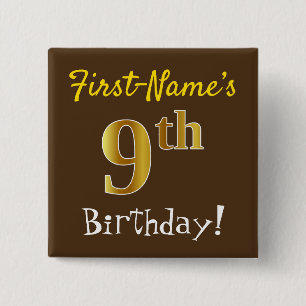 Brown, Faux Gold 9th Birthday, With Custom Name 15 Cm Square Badge